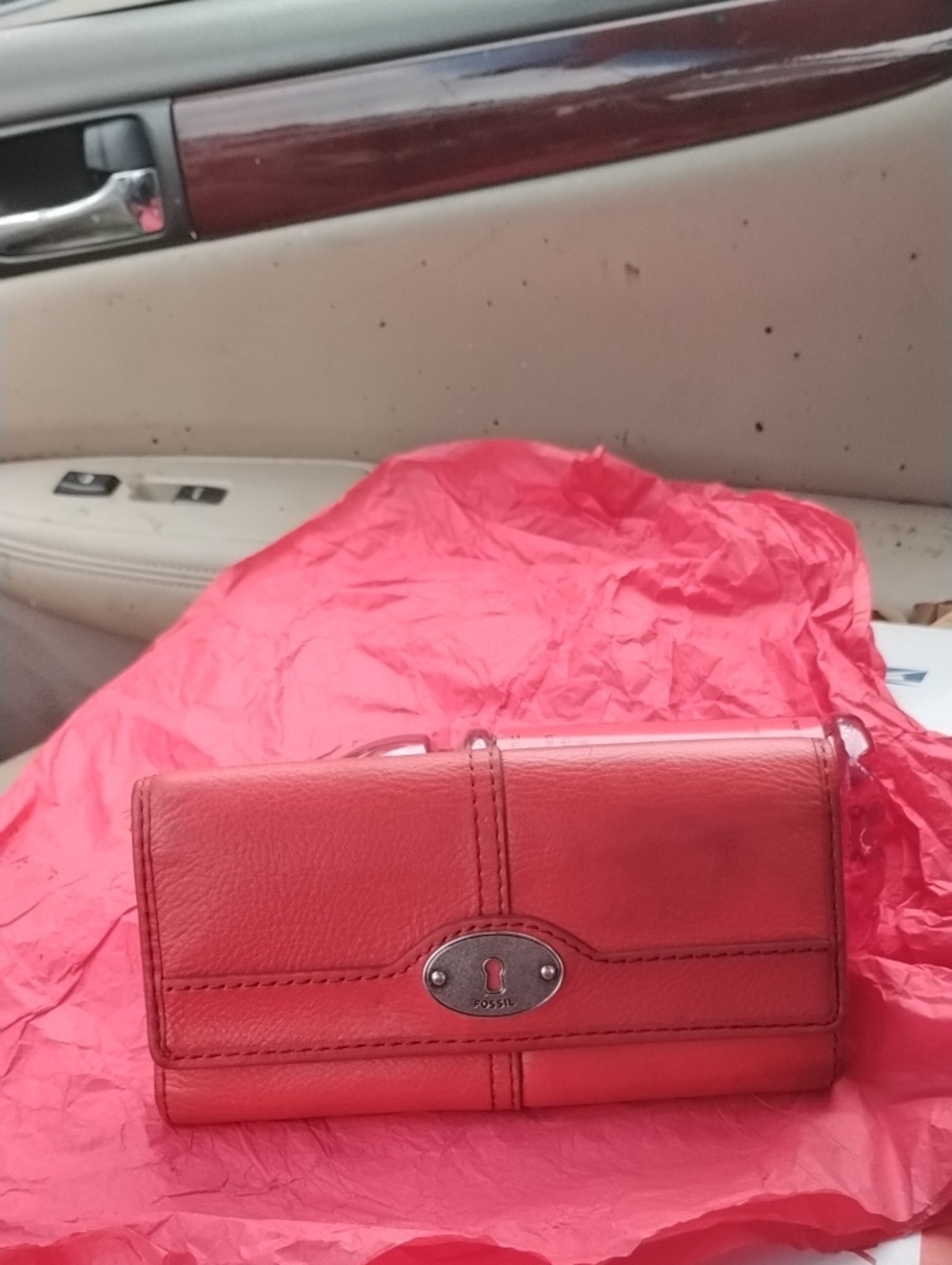 Fossil Red Leather Continental Wallet with Turn-Lock Accent